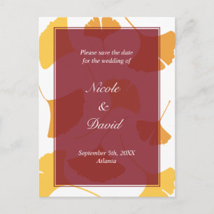 Carte Postale Faire-part Falling ginkgo mariage marron feuille enregistrer