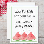 Carte Postale Faire-part Family Reunion Save The Date Watermelon<br><div class="desc">This summer Family Reunion Save The Date postcard is decorated with watercolor watermelons.
Easily customizable.
Use the Design Tool to change the text size,  style,  or color.
Because we create our artwork you won't find this exact image from other designers.
Original Watercolor © Michele Davies.</div>
