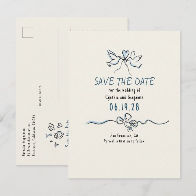 Carte Postale Faire-part Fantasque Funky Dessin à la Main Save The Date (Devant / Derrière)