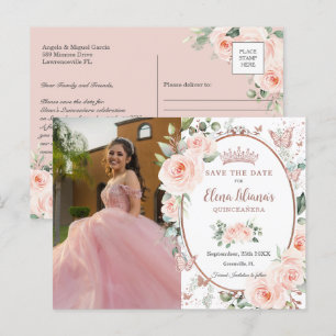 Carte Postale Faire-part Fardée Florale Rose Doré Papillons Quinceañera