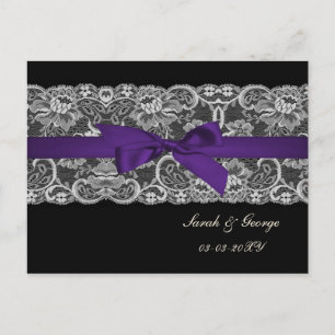 Carte Postale Faire-part Fausse dentelle et ruban violet noir save the date