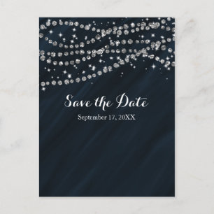 Carte Postale Faire-part Faux Diamant Bleu & Argent Bling Save The Date