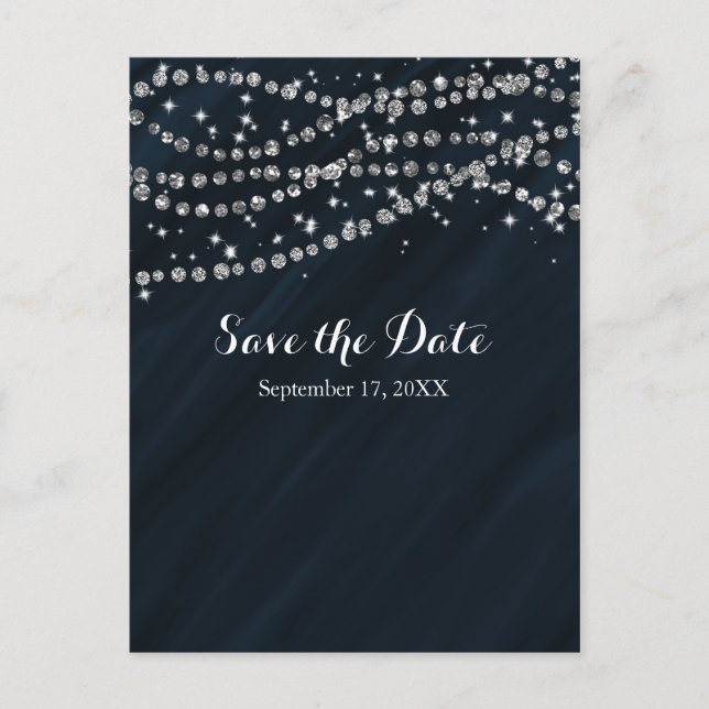 Carte Postale Faire-part Faux Diamant Bleu & Argent Bling Save The Date (Devant)