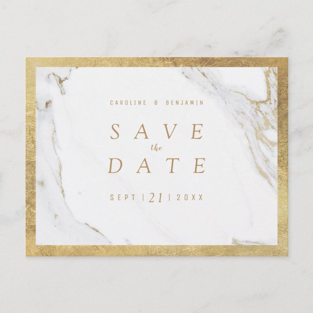 Carte Postale Faire-part Faux papier doré marbre luxe moderne save the date (Devant)