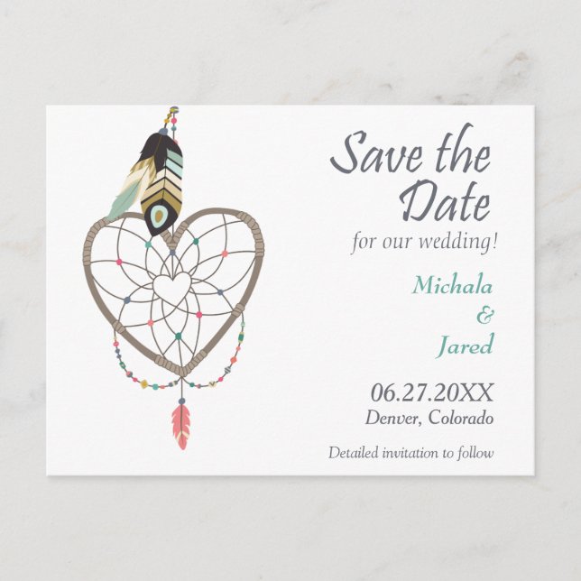 Carte Postale Faire-part Feather Heart Dreamcatcher Enregistrer le Mariage  (Devant)