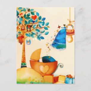 Carte Postale Faire-part Fée Fantaisiste Félicitations Nouveau-Né Bébé