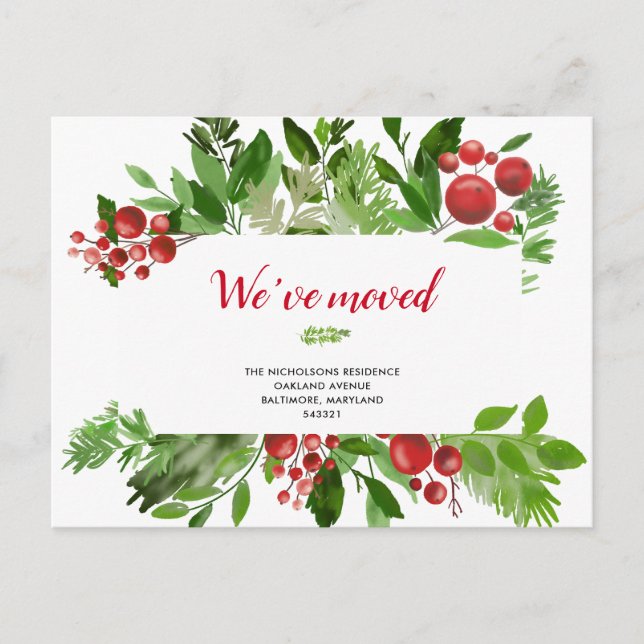 Carte Postale Faire-part Festif Red Berry Nouveau foyer| Nous avons bougé (Devant)