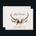 Carte Postale Faire-part Fête d'anniversaire automnale à feuillage rustique<br><div class="desc">Invitation pour une fête d'anniversaire automnale à feuillage rustique et bois de cerf. Avec de beaux détails à l'aquarelle.</div>