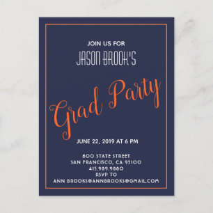 Carte Postale Faire-part Fête de fin d'études Blanc et Orange sur Fond Noir