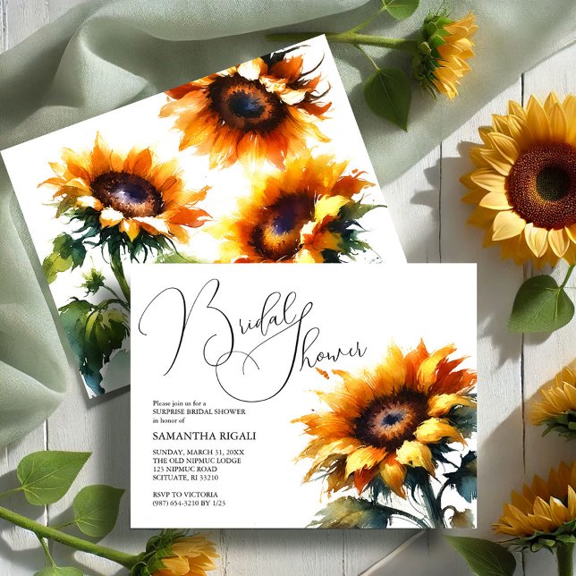 Carte Postale Faire-part Fête de mariage estival aux tournesols à l'aquarel (Sunflower bridal shower invitations summer fall design by Victoria Grigaliunas VG Invites)