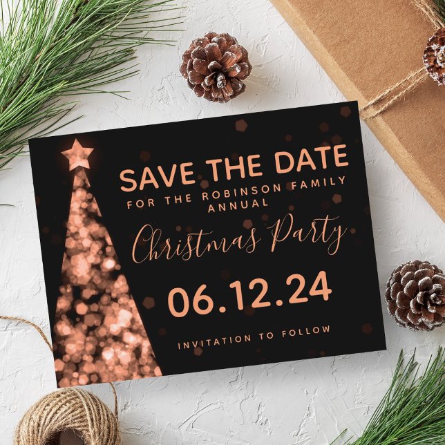 Carte Postale Faire-part Fête de Noël Rose Gold & Noir, Sauvegarder la Date (Rose Gold & Black Christmas Party Save The Date Announcement Postcard)