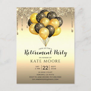 Carte Postale Faire-part Fête de Retraite Ballons Noirs et Dorés Paillettes