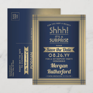 Carte Postale Faire-part Fête de retraite surprise Navy Or Save the Date