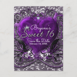 Carte Postale Faire-part Fête de sauvegarde de 16 ans Cœur Violet et Argent