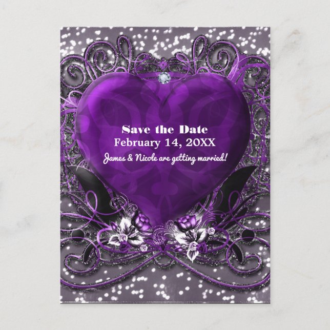 Carte Postale Faire-part Fête de sauvegarde de date Purple & Silver Heart S (Devant)