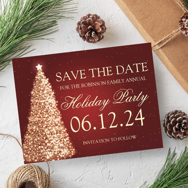 Carte Postale Faire-part Fête de vacances élégante Enregistrez la date Or R (Elegant Holiday Party Save The Date Gold Red Announcement Postcard)