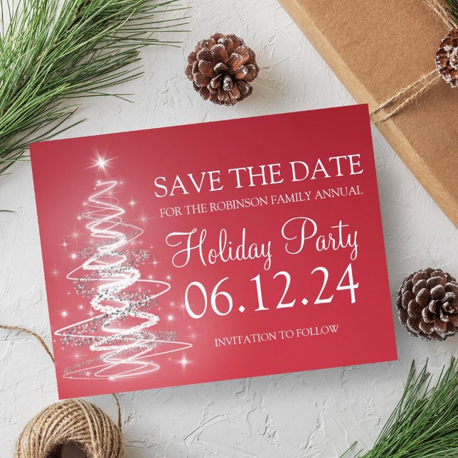 Carte Postale Faire-part Fête De Vacances Enregistrer La Date Sparkling Tre (Holiday Party Save The Date Sparkling Tree Red Announcement Postcard)