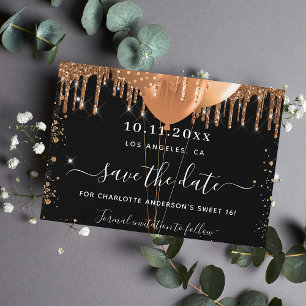 Carte Postale Faire-part Fête des 16 ans ballons noirs et or save the date
