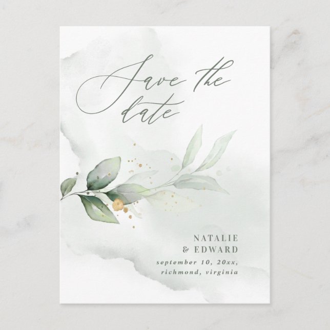 Carte Postale Faire-part Feuillage aquarelle et or mariage à retenir la dat (Devant)