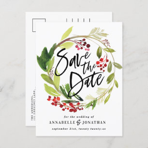 Carte Postale Faire-part feuillage botanique d'hiver écume rouge vert d'eau