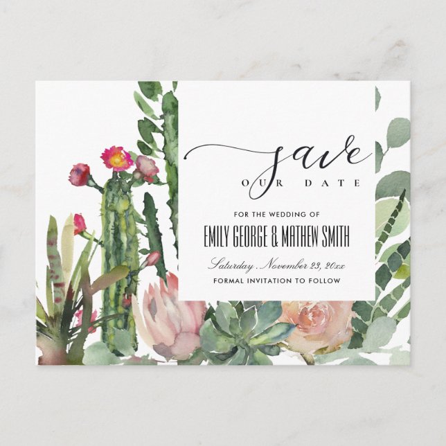 CARTE POSTALE FAIRE-PART FEUILLAGE DE CACTUS DU DÉSERT FLEURS ROSES SAVE TH (Devant)