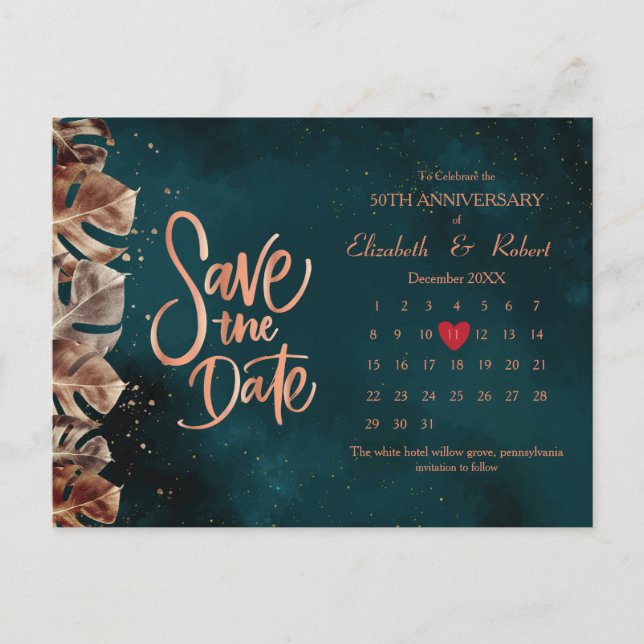 Carte Postale Faire-part Feuille 50e anniversaire Luxe Calendrier des dates (Devant)