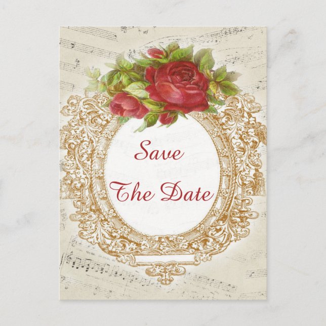 Carte Postale Faire-part Feuille de musique de cadre de rose rouge (Devant)