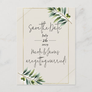 Carte Postale Faire-part Feuille d'Olive Verte Os Blanc & Or Étape de l'Été