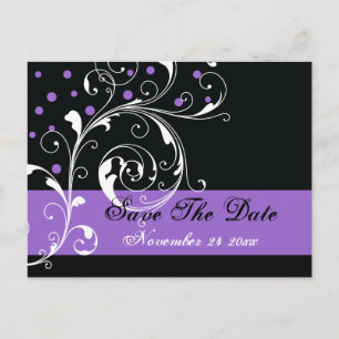 Carte Postale Faire-part Feuilles de défilement mariage noir violet Enregis