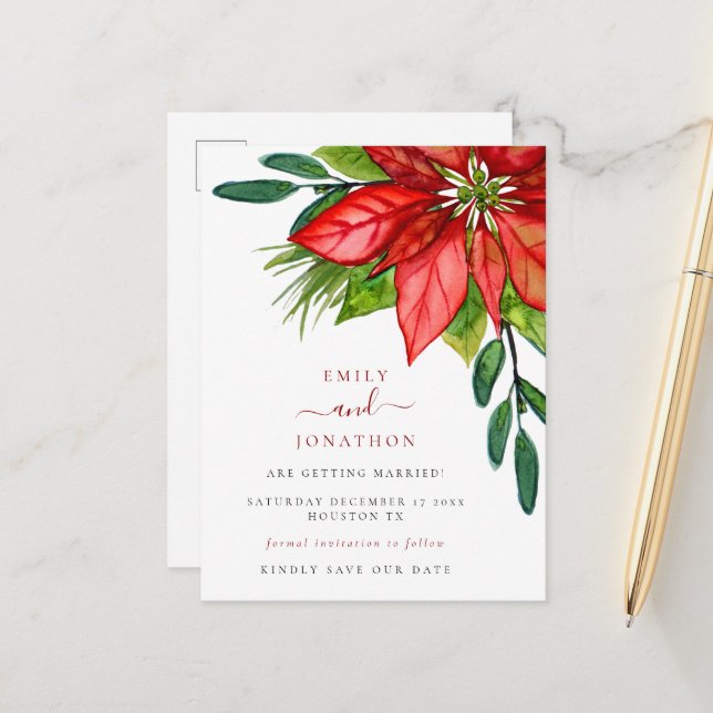 Carte Postale Faire-part Feuilles de poinsettia pour mariage de Noël, réser (Devant/Arrière en situation)