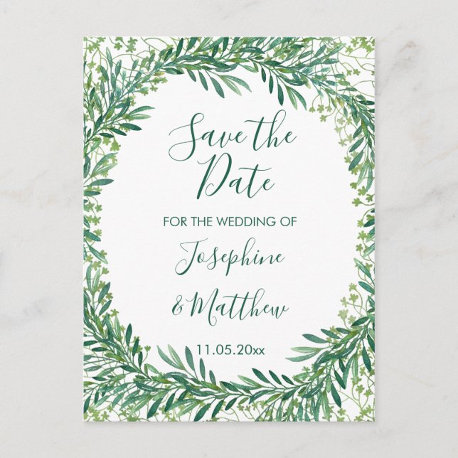 Carte Postale Faire-part Feuilles de verdure aquarelle Save the Date (Devant)