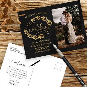 Carte Postale Faire-part Feuilles d'or sur Black Photo Wedding Sauvez la da
