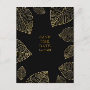 Carte Postale Faire-part Feuilles d'or sur fond noir élégant ENREGISTREZ LA