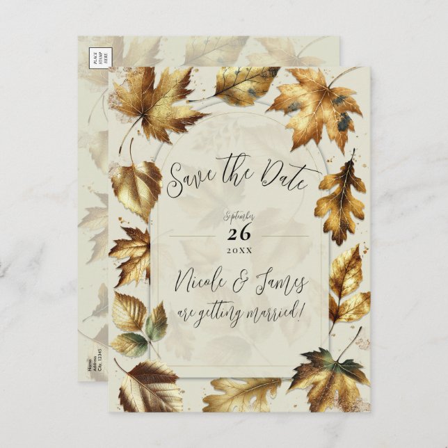 Carte Postale Faire-part Feuilles dorées Abricot Crème Automne Enregistrer  (Devant / Derrière)