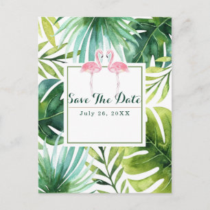 Carte Postale Faire-part Feuilles et Flamants roses tropicaux Mariage Enreg