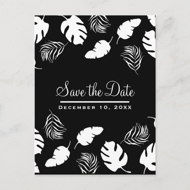 Carte Postale Faire-part Feuilles Tropicales Noir & Blanc Chic Enregistrez  (Devant)