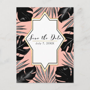 Carte Postale Faire-part Feuilles Tropicales Noires Corail Or Save the Date