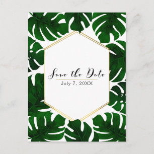 Carte Postale Faire-part Feuilles tropicales vertes blanc et or Save the Da