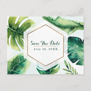 Carte Postale Faire-part Feuilles Tropicales Vertes Élégantes Blanches Save