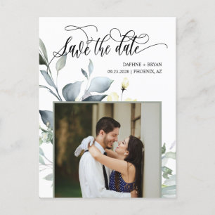 Carte Postale Faire-part Feuilles Vertes Élégantes Code QR Photo Enregistre