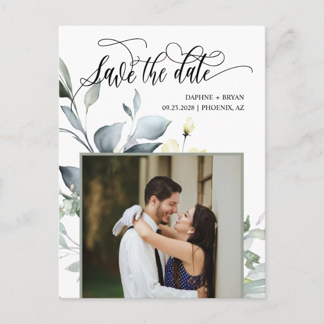 Carte Postale Faire-part Feuilles Vertes Élégantes Code QR Photo Enregistre (Devant)