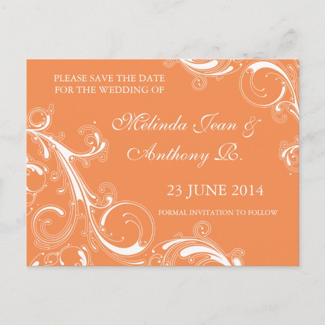 Carte Postale Faire-part Filigree Swirl Orange Enregistrer la date (Devant)