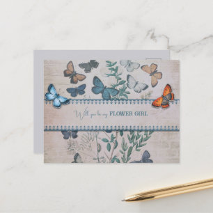 Carte Postale Faire-part Fille Fleur Papillons Bleus et Fleurs