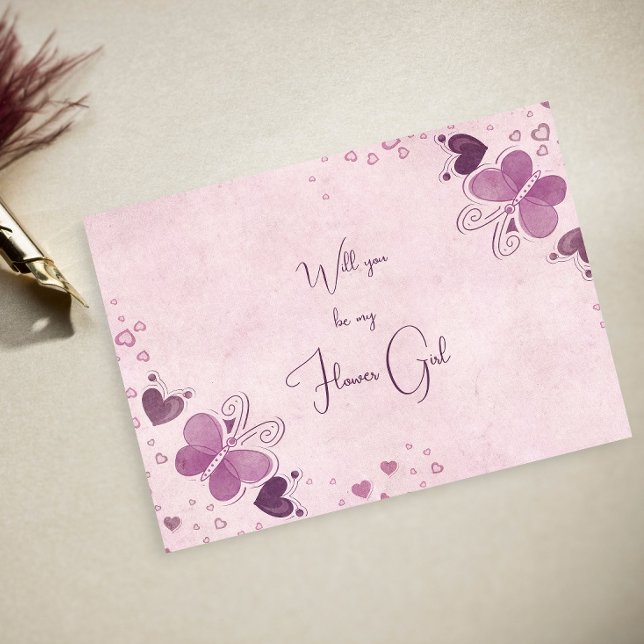 Carte Postale Faire-part Fille Fleur Papillons Violets et Cœurs (Créateur téléchargé)