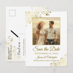 Carte Postale Faire-part Fines dorures sur une photo de mariage blanc pour