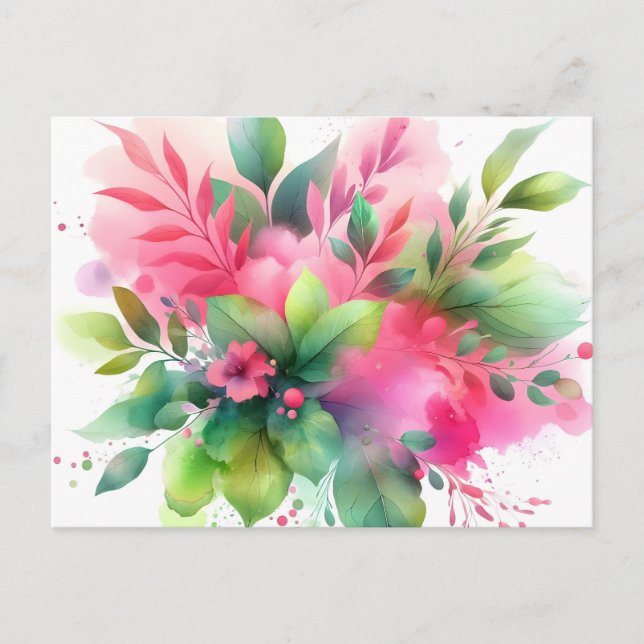 Carte Postale Faire-part Fleur botanique à l'aquarelle rose vert (Devant)