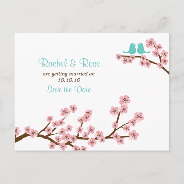 Carte Postale Faire-part Fleur de cerise rose et turquoise Enregistrer la d (Devant)
