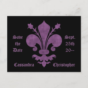 Carte Postale Faire-part Fleur de lis violet sur noir sauf la date mariage