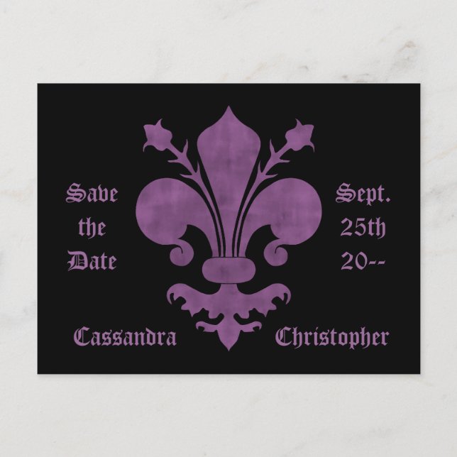 Carte Postale Faire-part Fleur de lis violet sur noir sauf la date mariage (Devant)