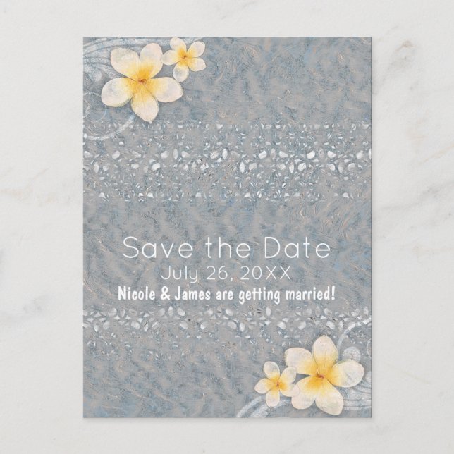 Carte Postale Faire-part Fleur de Plumeria Tropicale Gris Jaune Save the Da (Devant)